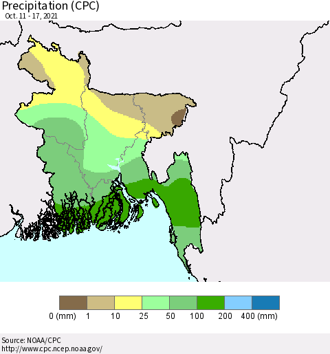Bangladesh Precipitation (CPC) Thematic Map For 10/11/2021 - 10/17/2021