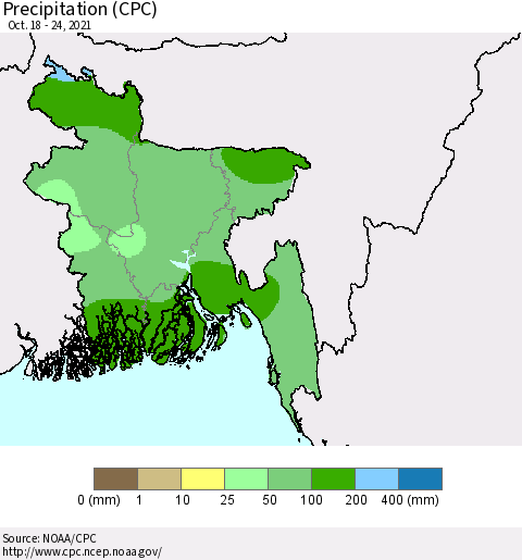 Bangladesh Precipitation (CPC) Thematic Map For 10/18/2021 - 10/24/2021