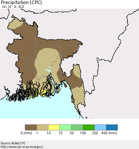 Bangladesh Precipitation (CPC) Thematic Map For 10/25/2021 - 10/31/2021
