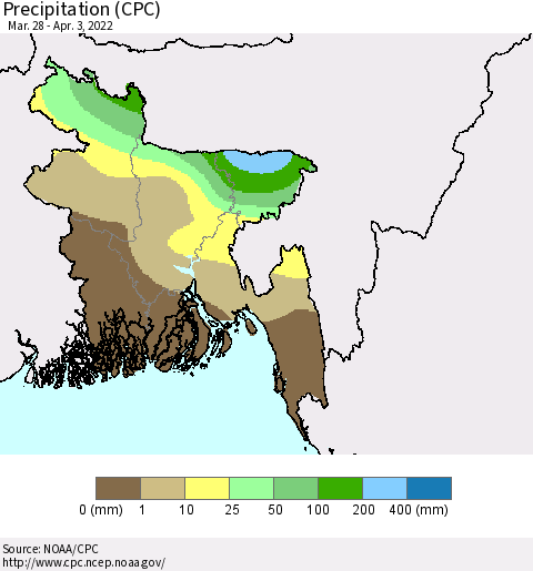 Bangladesh Precipitation (CPC) Thematic Map For 3/28/2022 - 4/3/2022