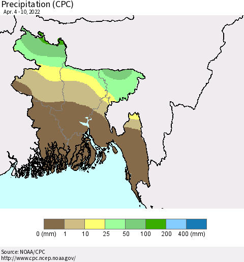 Bangladesh Precipitation (CPC) Thematic Map For 4/4/2022 - 4/10/2022