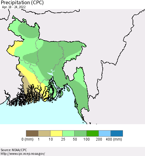 Bangladesh Precipitation (CPC) Thematic Map For 4/18/2022 - 4/24/2022