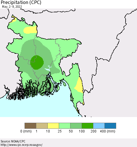 Bangladesh Precipitation (CPC) Thematic Map For 5/2/2022 - 5/8/2022