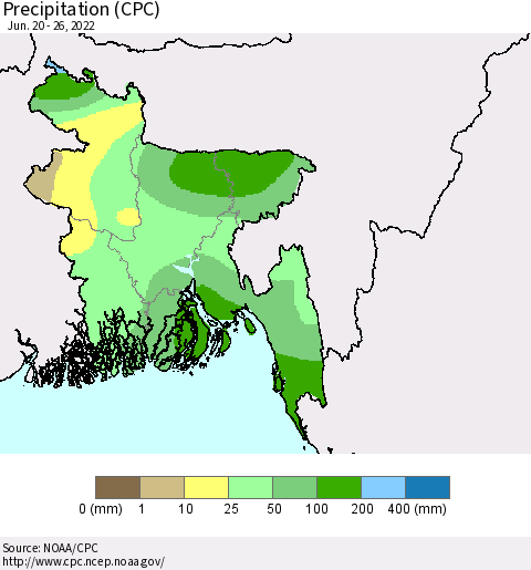 Bangladesh Precipitation (CPC) Thematic Map For 6/20/2022 - 6/26/2022