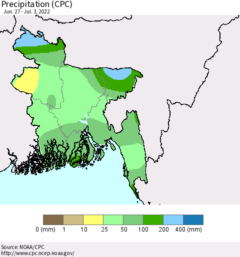 Bangladesh Precipitation (CPC) Thematic Map For 6/27/2022 - 7/3/2022