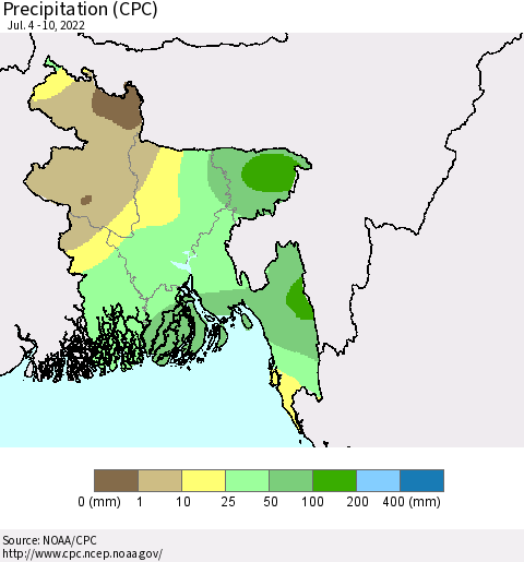 Bangladesh Precipitation (CPC) Thematic Map For 7/4/2022 - 7/10/2022