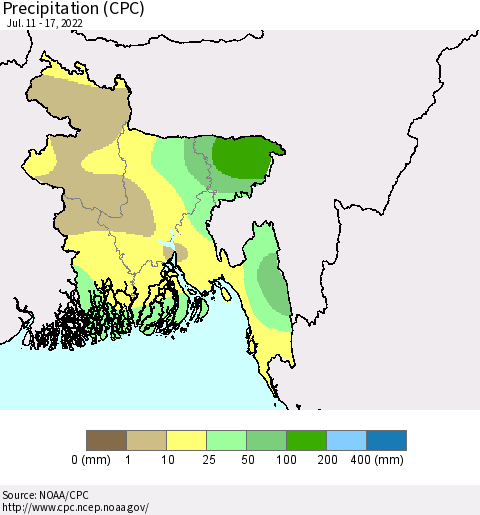 Bangladesh Precipitation (CPC) Thematic Map For 7/11/2022 - 7/17/2022