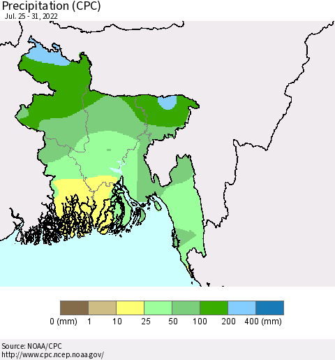 Bangladesh Precipitation (CPC) Thematic Map For 7/25/2022 - 7/31/2022
