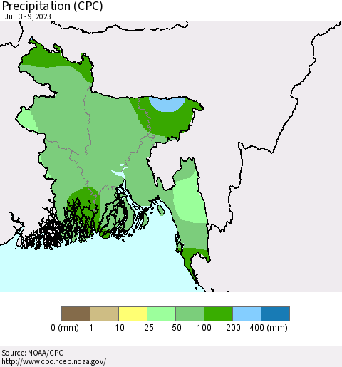 Bangladesh Precipitation (CPC) Thematic Map For 7/3/2023 - 7/9/2023