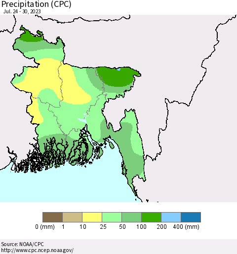 Bangladesh Precipitation (CPC) Thematic Map For 7/24/2023 - 7/30/2023