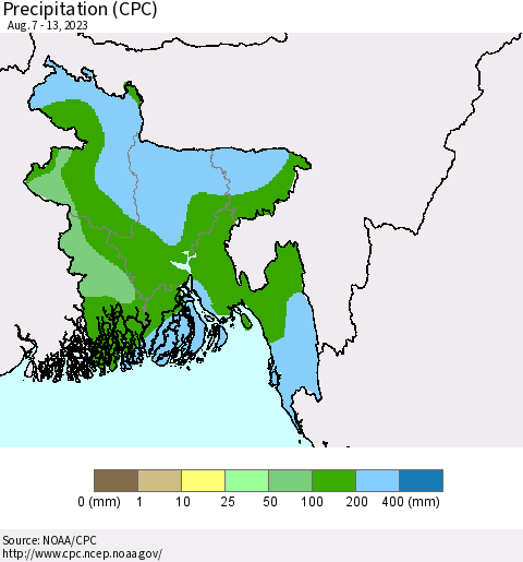Bangladesh Precipitation (CPC) Thematic Map For 8/7/2023 - 8/13/2023