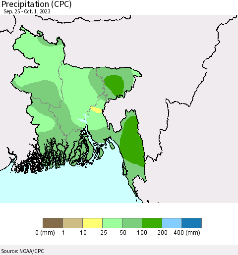 Bangladesh Precipitation (CPC) Thematic Map For 9/25/2023 - 10/1/2023
