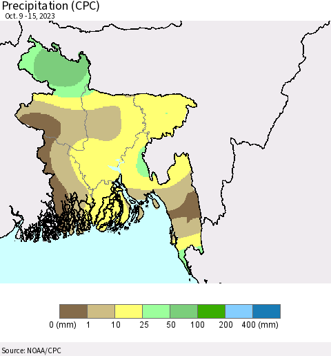 Bangladesh Precipitation (CPC) Thematic Map For 10/9/2023 - 10/15/2023