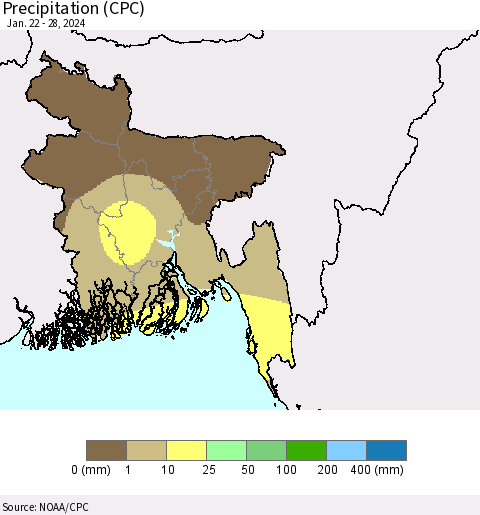Bangladesh Precipitation (CPC) Thematic Map For 1/22/2024 - 1/28/2024