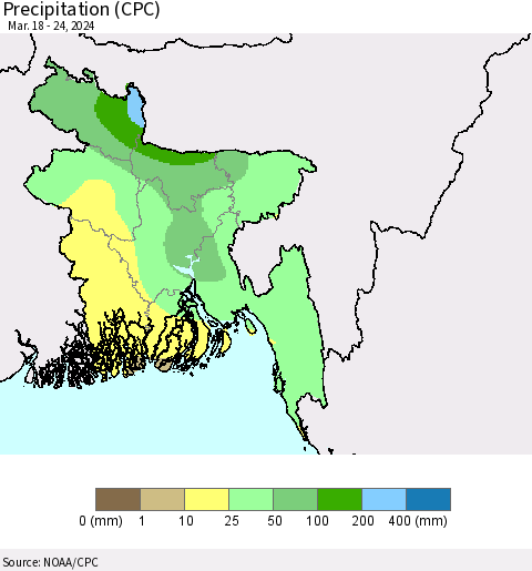 Bangladesh Precipitation (CPC) Thematic Map For 3/18/2024 - 3/24/2024