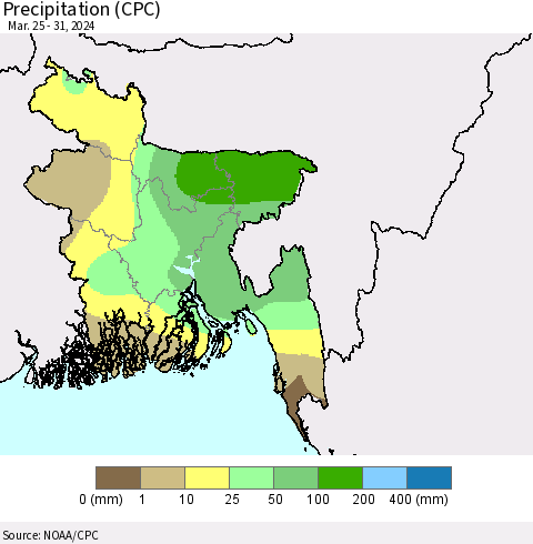 Bangladesh Precipitation (CPC) Thematic Map For 3/25/2024 - 3/31/2024