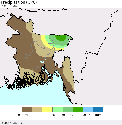 Bangladesh Precipitation (CPC) Thematic Map For 4/1/2024 - 4/7/2024