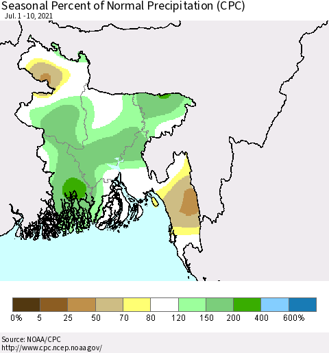 Bangladesh Seasonal Percent of Normal Precipitation (CPC) Thematic Map For 7/1/2021 - 7/10/2021