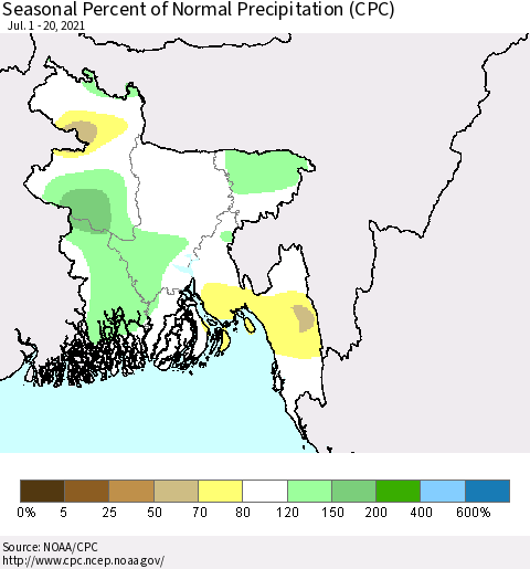 Bangladesh Seasonal Percent of Normal Precipitation (CPC) Thematic Map For 7/1/2021 - 7/20/2021