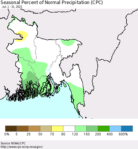 Bangladesh Seasonal Percent of Normal Precipitation (CPC) Thematic Map For 7/1/2021 - 7/31/2021