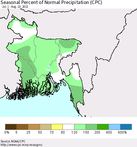 Bangladesh Seasonal Percent of Normal Precipitation (CPC) Thematic Map For 7/1/2021 - 8/10/2021