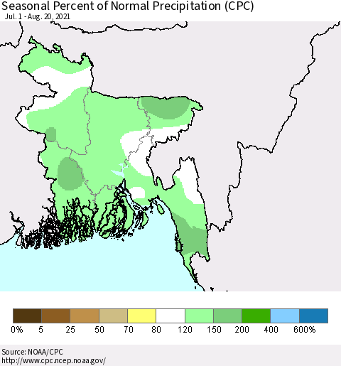 Bangladesh Seasonal Percent of Normal Precipitation (CPC) Thematic Map For 7/1/2021 - 8/20/2021