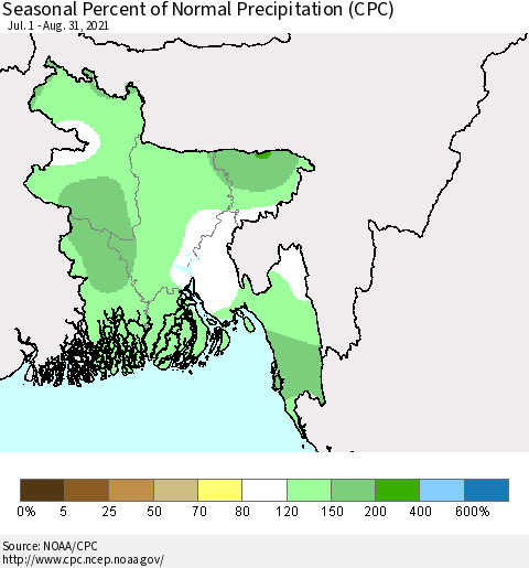 Bangladesh Seasonal Percent of Normal Precipitation (CPC) Thematic Map For 7/1/2021 - 8/31/2021