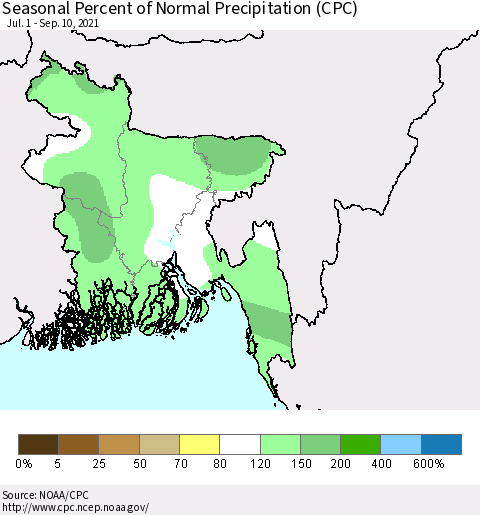 Bangladesh Seasonal Percent of Normal Precipitation (CPC) Thematic Map For 7/1/2021 - 9/10/2021