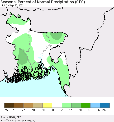 Bangladesh Seasonal Percent of Normal Precipitation (CPC) Thematic Map For 7/1/2021 - 9/30/2021