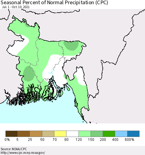 Bangladesh Seasonal Percent of Normal Precipitation (CPC) Thematic Map For 7/1/2021 - 10/10/2021