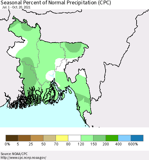 Bangladesh Seasonal Percent of Normal Precipitation (CPC) Thematic Map For 7/1/2021 - 10/20/2021