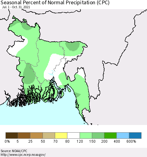 Bangladesh Seasonal Percent of Normal Precipitation (CPC) Thematic Map For 7/1/2021 - 10/31/2021