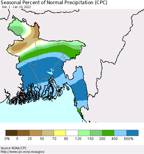 Bangladesh Seasonal Percent of Normal Precipitation (CPC) Thematic Map For 12/1/2021 - 1/10/2022