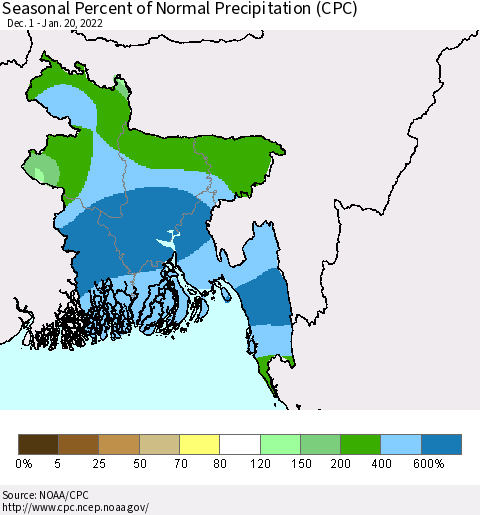 Bangladesh Seasonal Percent of Normal Precipitation (CPC) Thematic Map For 12/1/2021 - 1/20/2022