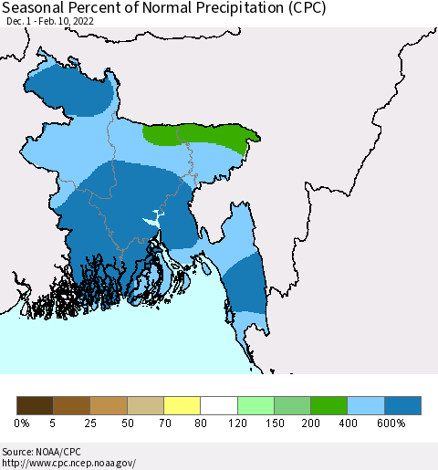 Bangladesh Seasonal Percent of Normal Precipitation (CPC) Thematic Map For 12/1/2021 - 2/10/2022