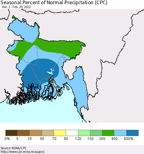 Bangladesh Seasonal Percent of Normal Precipitation (CPC) Thematic Map For 12/1/2021 - 2/20/2022