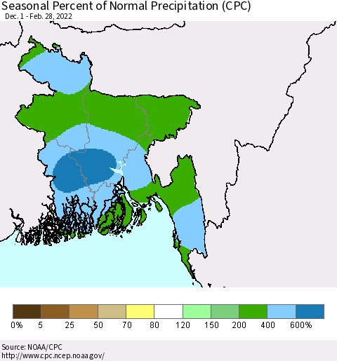 Bangladesh Seasonal Percent of Normal Precipitation (CPC) Thematic Map For 12/1/2021 - 2/28/2022