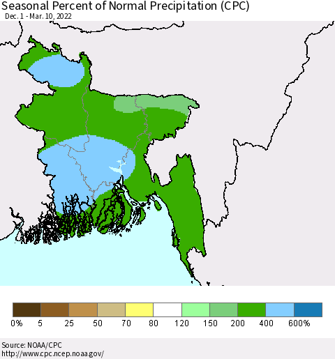 Bangladesh Seasonal Percent of Normal Precipitation (CPC) Thematic Map For 12/1/2021 - 3/10/2022