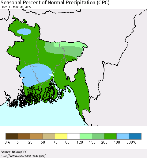 Bangladesh Seasonal Percent of Normal Precipitation (CPC) Thematic Map For 12/1/2021 - 3/20/2022