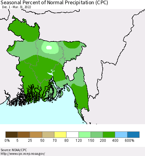 Bangladesh Seasonal Percent of Normal Precipitation (CPC) Thematic Map For 12/1/2021 - 3/31/2022