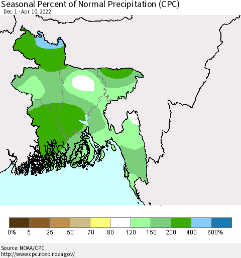 Bangladesh Seasonal Percent of Normal Precipitation (CPC) Thematic Map For 12/1/2021 - 4/10/2022