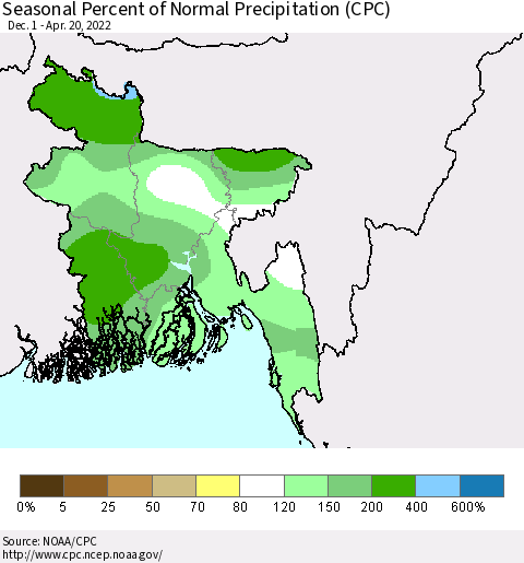 Bangladesh Seasonal Percent of Normal Precipitation (CPC) Thematic Map For 12/1/2021 - 4/20/2022