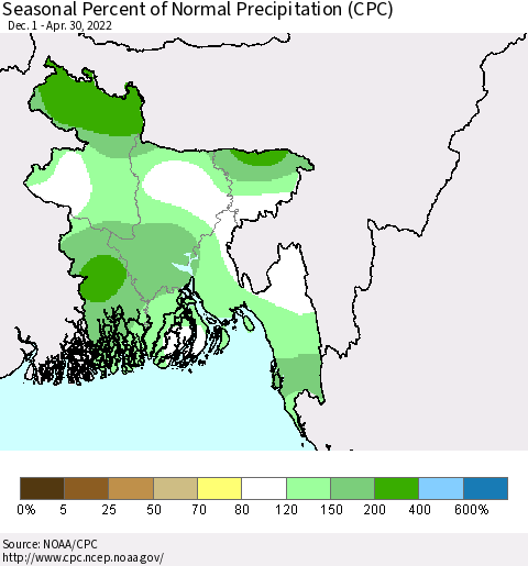 Bangladesh Seasonal Percent of Normal Precipitation (CPC) Thematic Map For 12/1/2021 - 4/30/2022