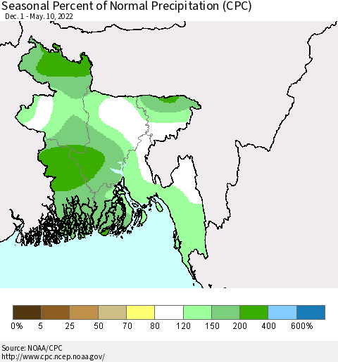 Bangladesh Seasonal Percent of Normal Precipitation (CPC) Thematic Map For 12/1/2021 - 5/10/2022