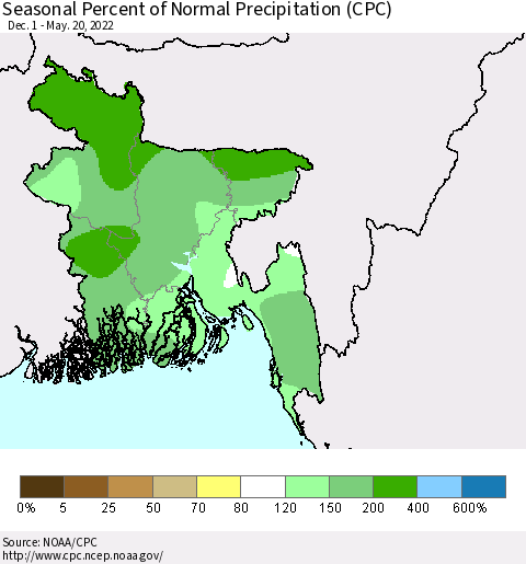 Bangladesh Seasonal Percent of Normal Precipitation (CPC) Thematic Map For 12/1/2021 - 5/20/2022