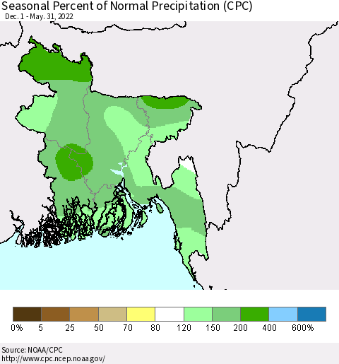 Bangladesh Seasonal Percent of Normal Precipitation (CPC) Thematic Map For 12/1/2021 - 5/31/2022