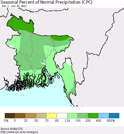 Bangladesh Seasonal Percent of Normal Precipitation (CPC) Thematic Map For 12/1/2021 - 6/10/2022