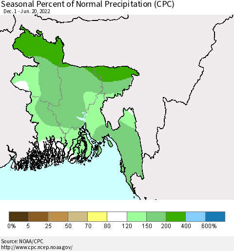Bangladesh Seasonal Percent of Normal Precipitation (CPC) Thematic Map For 12/1/2021 - 6/20/2022