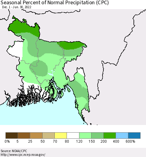 Bangladesh Seasonal Percent of Normal Precipitation (CPC) Thematic Map For 12/1/2021 - 6/30/2022