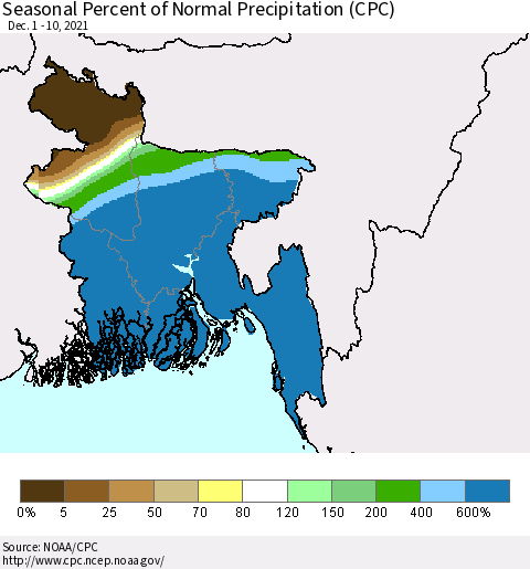 Bangladesh Seasonal Percent of Normal Precipitation (CPC) Thematic Map For 12/1/2021 - 12/10/2021